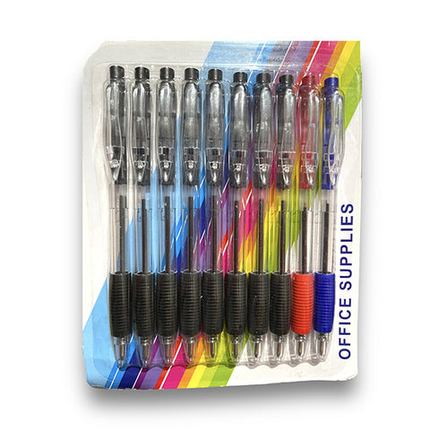 5 Set de 10 bolígrafos, plumas retractiles color negro, rojo y azul.