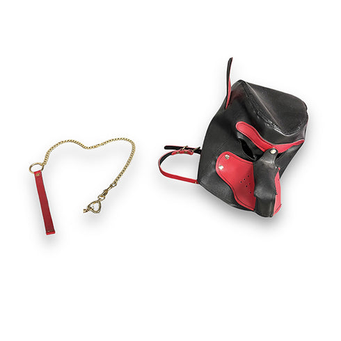 Máscara de perro fetiche sexual con collar y correa sumisa